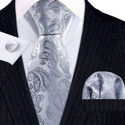 Silver Paisley Silk Tie, Pocket Square & Cufflinks Set tie sets - Sophisticated Gentlemen