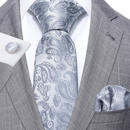 Silver Paisley Silk Tie, Pocket Square & Cufflinks Set tie sets - Sophisticated Gentlemen