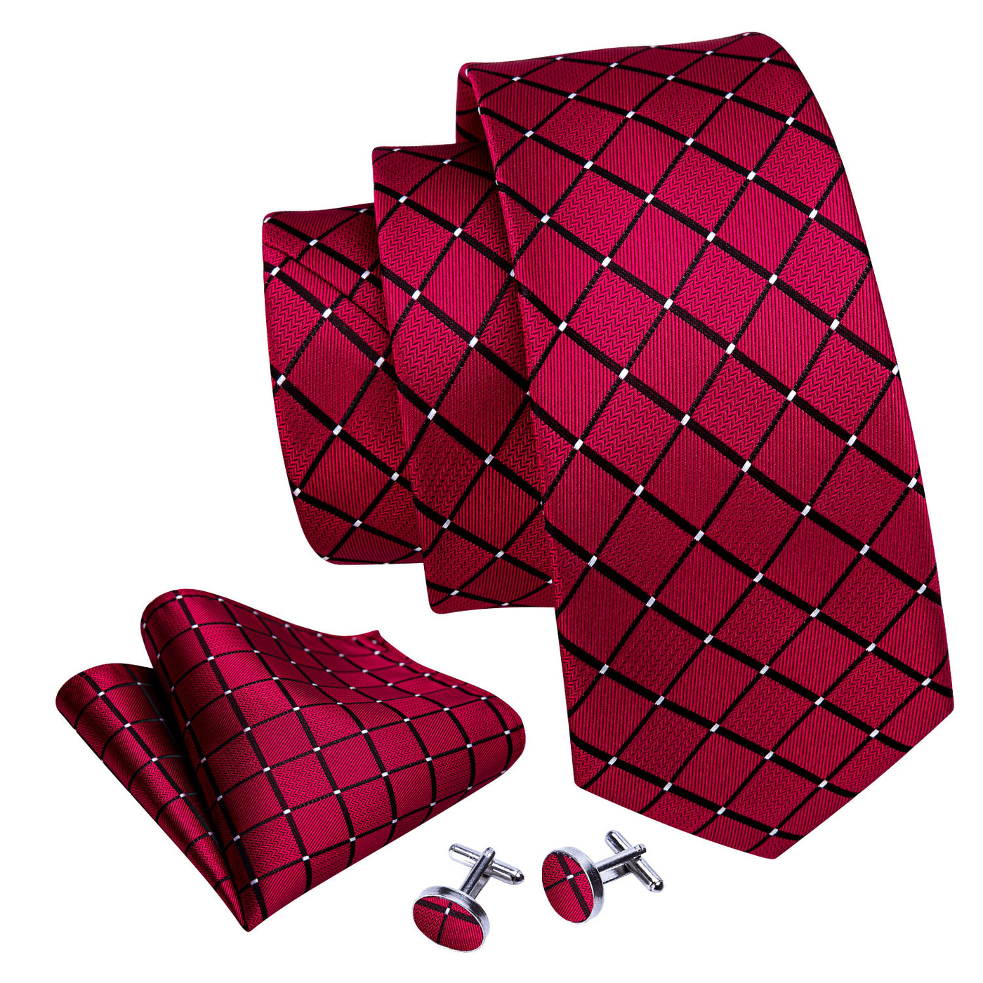 Red & Black Plaid Silk Tie, Pocket Square & Cufflinks Set tie sets - Sophisticated Gentlemen