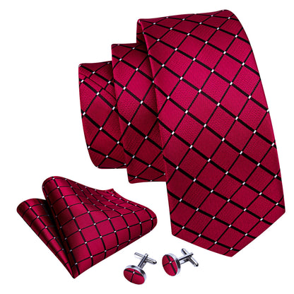 Red & Black Plaid Silk Tie, Pocket Square & Cufflinks Set tie sets - Sophisticated Gentlemen