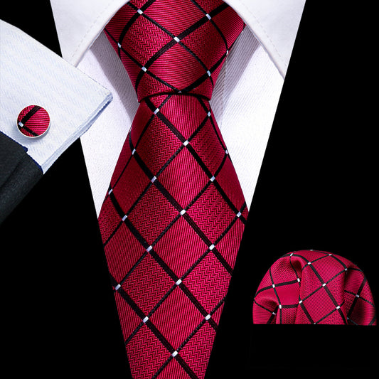 Red & Black Plaid Silk Tie, Pocket Square & Cufflinks Set tie sets - Sophisticated Gentlemen
