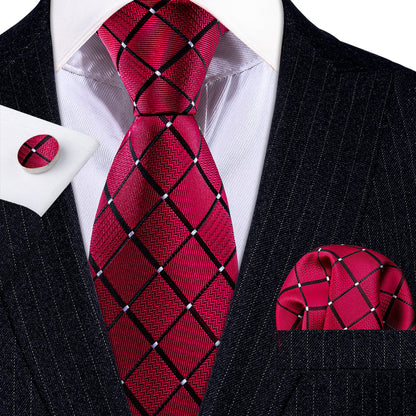 Red Black Plaid Silk Tie, Pocket Square and Cufflinks Set tie sets    - Sophisticated Gentlemen