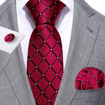 Red Black Plaid Silk Tie, Pocket Square and Cufflinks Set tie sets    - Sophisticated Gentlemen