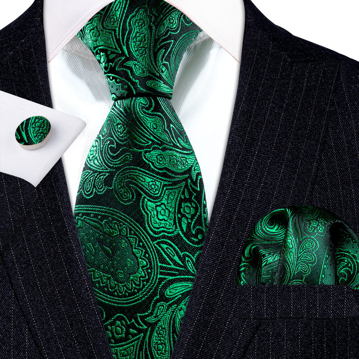 Dark Green Paisley Silk Tie, Pocket Square and Cufflinks Set tie sets    - Sophisticated Gentlemen