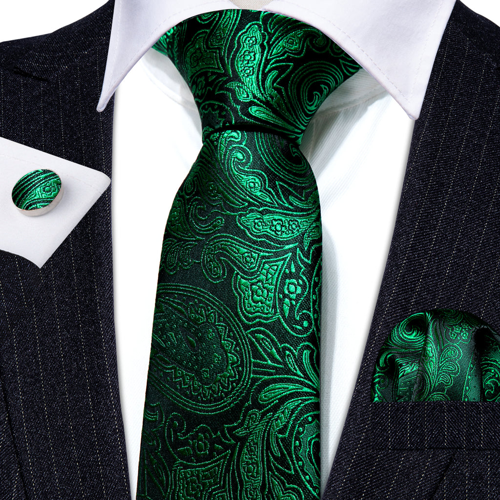 Dark Green Paisley Silk Tie, Pocket Square and Cufflinks Set tie sets    - Sophisticated Gentlemen