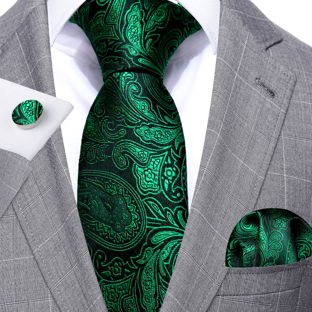 Dark Green Paisley Silk Tie, Pocket Square and Cufflinks Set tie sets    - Sophisticated Gentlemen