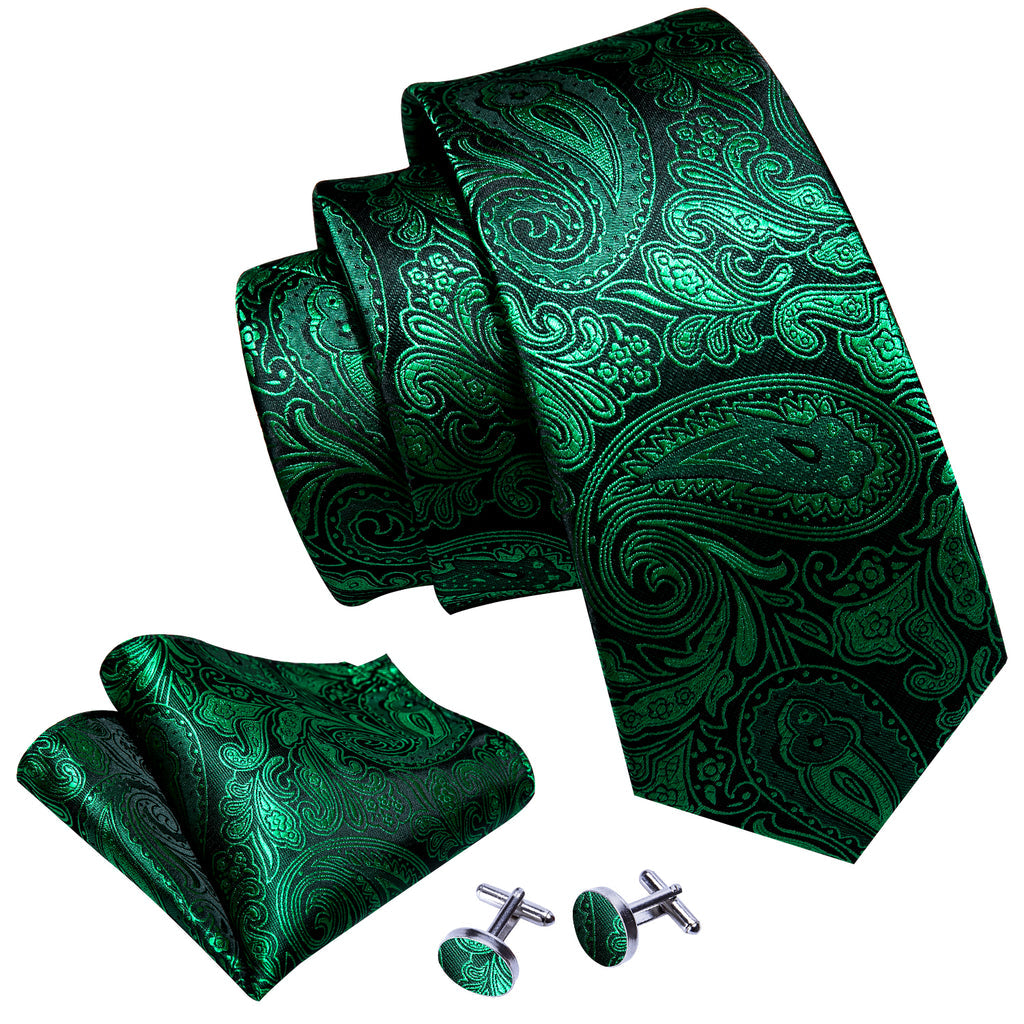Dark Green Paisley Silk Tie, Pocket Square and Cufflinks Set tie sets    - Sophisticated Gentlemen