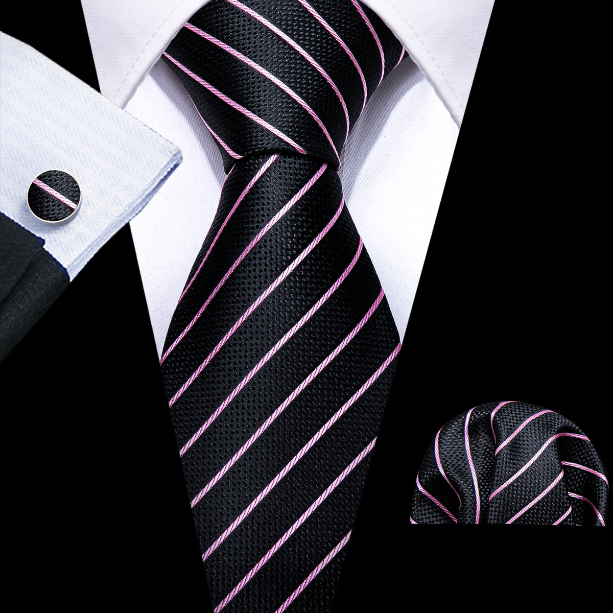 Black Pink Striped Silk Tie, Pocket Square and Cufflinks Set tie sets    - Sophisticated Gentlemen