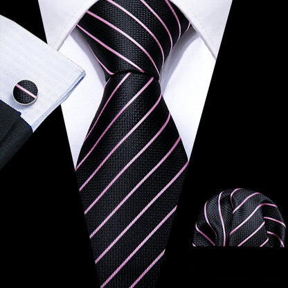 Black Pink Striped Silk Tie, Pocket Square and Cufflinks Set tie sets    - Sophisticated Gentlemen