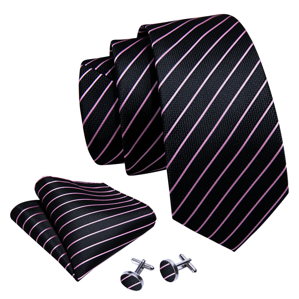 Black Pink Striped Silk Tie, Pocket Square and Cufflinks Set tie sets    - Sophisticated Gentlemen