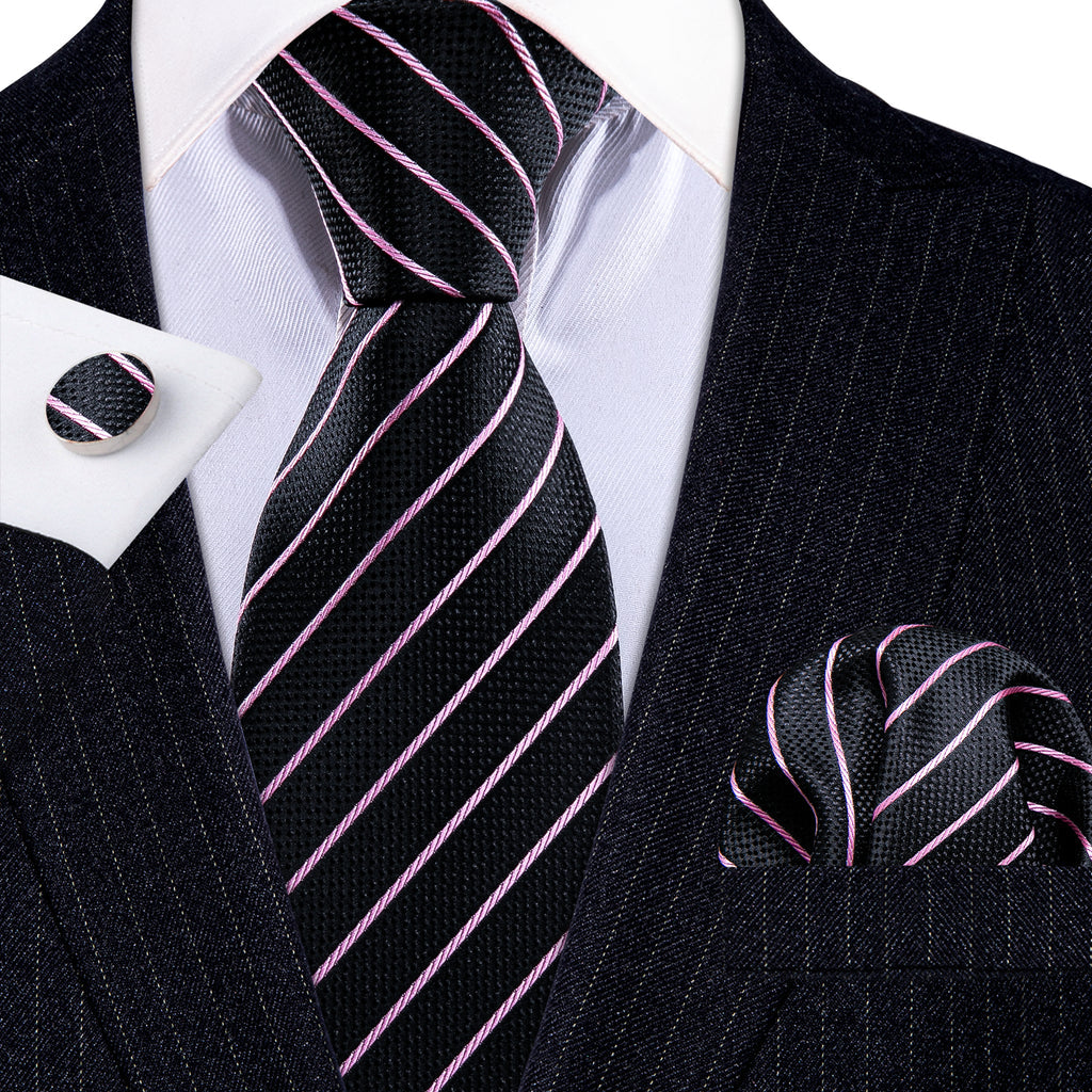 Black Pink Striped Silk Tie, Pocket Square and Cufflinks Set tie sets    - Sophisticated Gentlemen