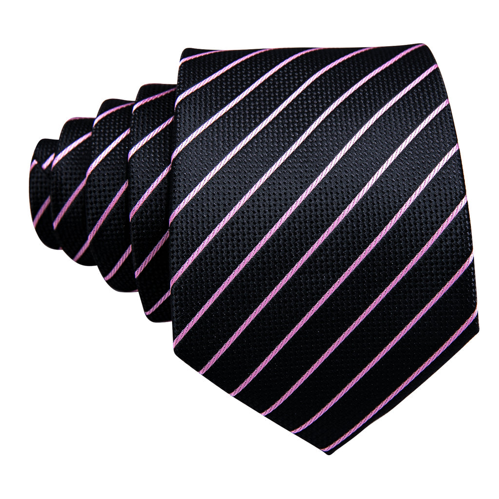 Black Pink Striped Silk Tie, Pocket Square and Cufflinks Set tie sets    - Sophisticated Gentlemen