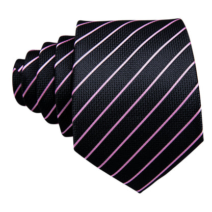 Black Pink Striped Silk Tie, Pocket Square and Cufflinks Set tie sets    - Sophisticated Gentlemen