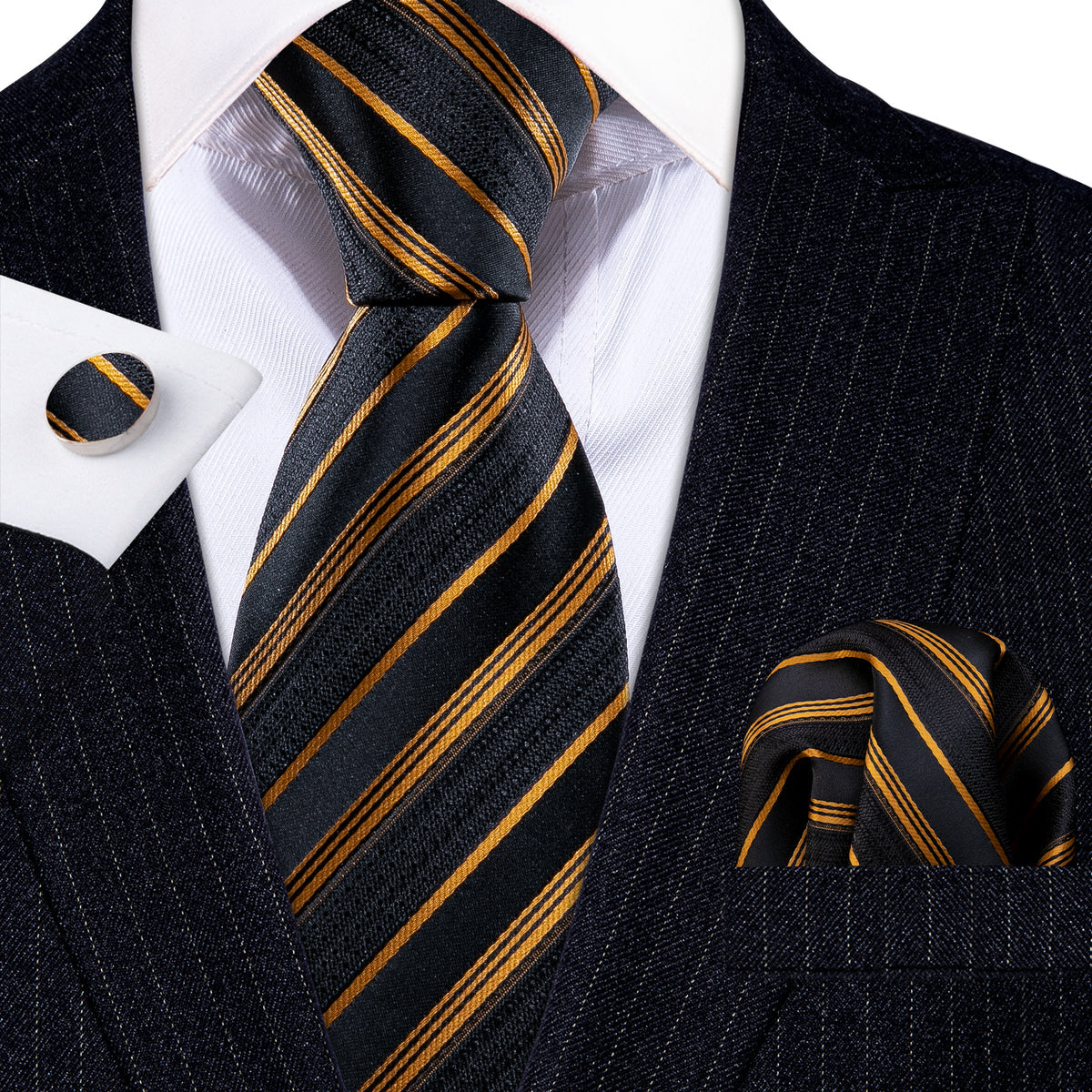 Gold Black Striped Silk Tie, Pocket Square and Cufflinks Set tie sets - Sophisticated Gentlemen
