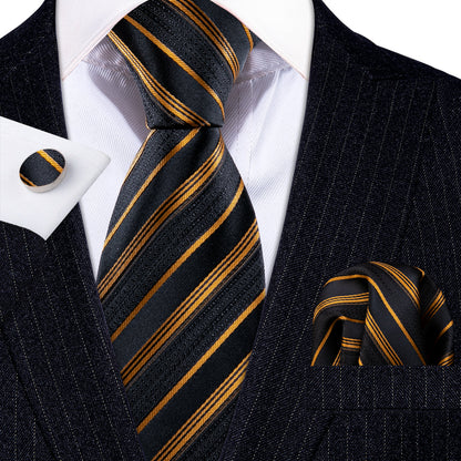 Gold Black Striped Silk Tie, Pocket Square and Cufflinks Set tie sets - Sophisticated Gentlemen
