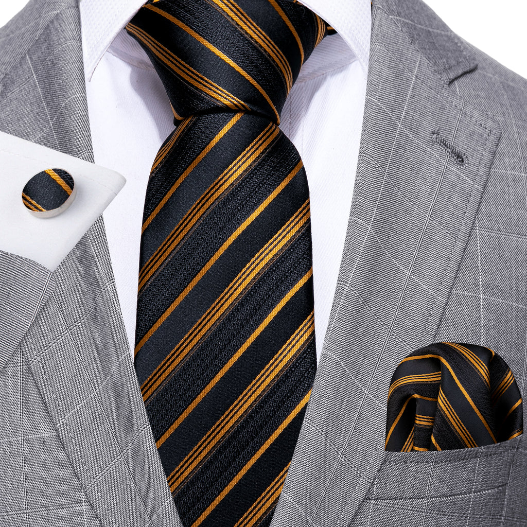 Gold Black Striped Silk Tie, Pocket Square and Cufflinks Set tie sets - Sophisticated Gentlemen