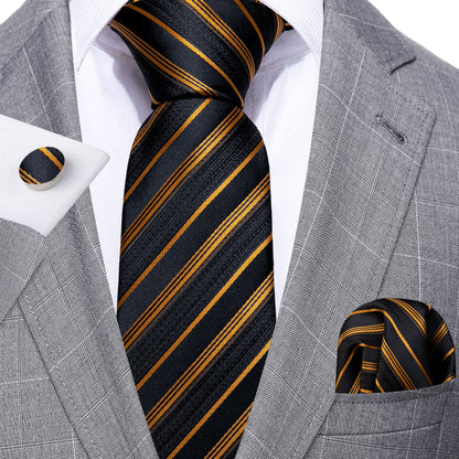 Gold Black Striped Silk Tie, Pocket Square and Cufflinks Set tie sets - Sophisticated Gentlemen
