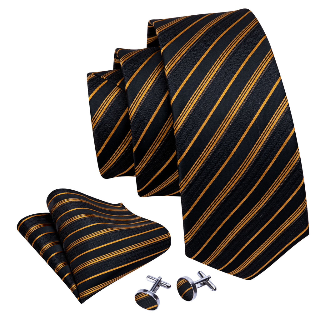 Gold Black Striped Silk Tie, Pocket Square and Cufflinks Set tie sets - Sophisticated Gentlemen
