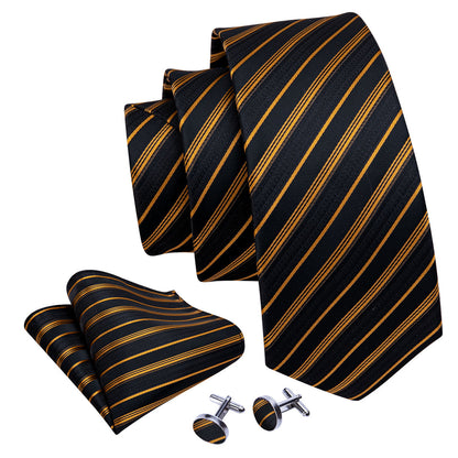Gold Black Striped Silk Tie, Pocket Square and Cufflinks Set tie sets - Sophisticated Gentlemen