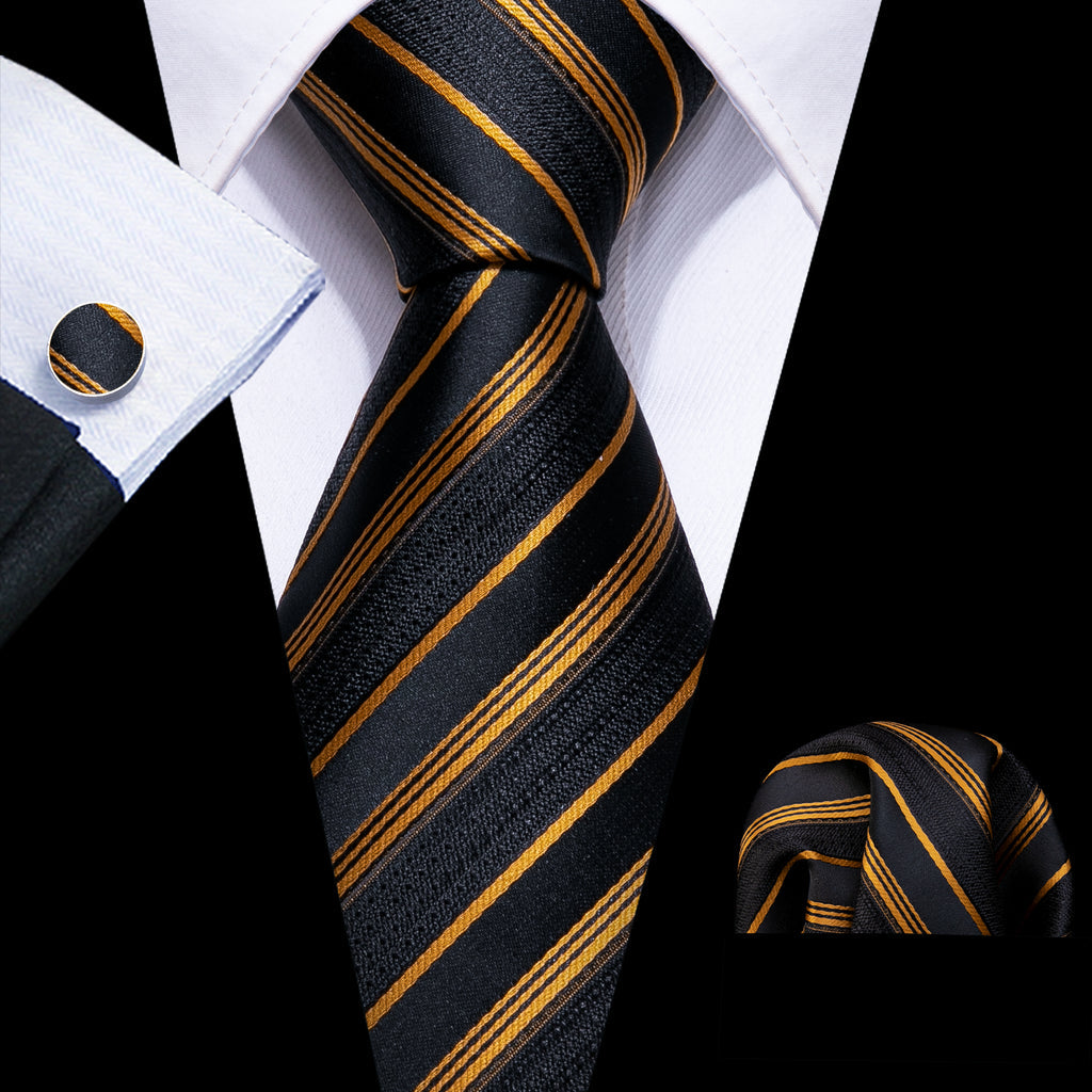 Gold Black Striped Silk Tie, Pocket Square and Cufflinks Set tie sets - Sophisticated Gentlemen