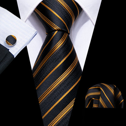 Gold Black Striped Silk Tie, Pocket Square and Cufflinks Set tie sets - Sophisticated Gentlemen