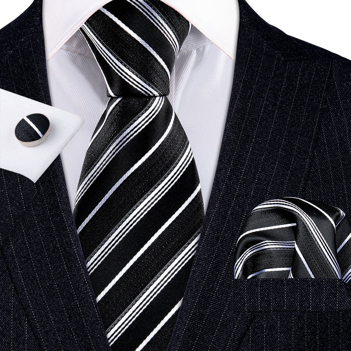 Black White Striped Paisley Tie, Pocket Square and Cufflinks Set tie sets    - Sophisticated Gentlemen