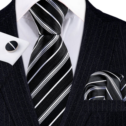 Black White Striped Paisley Tie, Pocket Square and Cufflinks Set tie sets    - Sophisticated Gentlemen