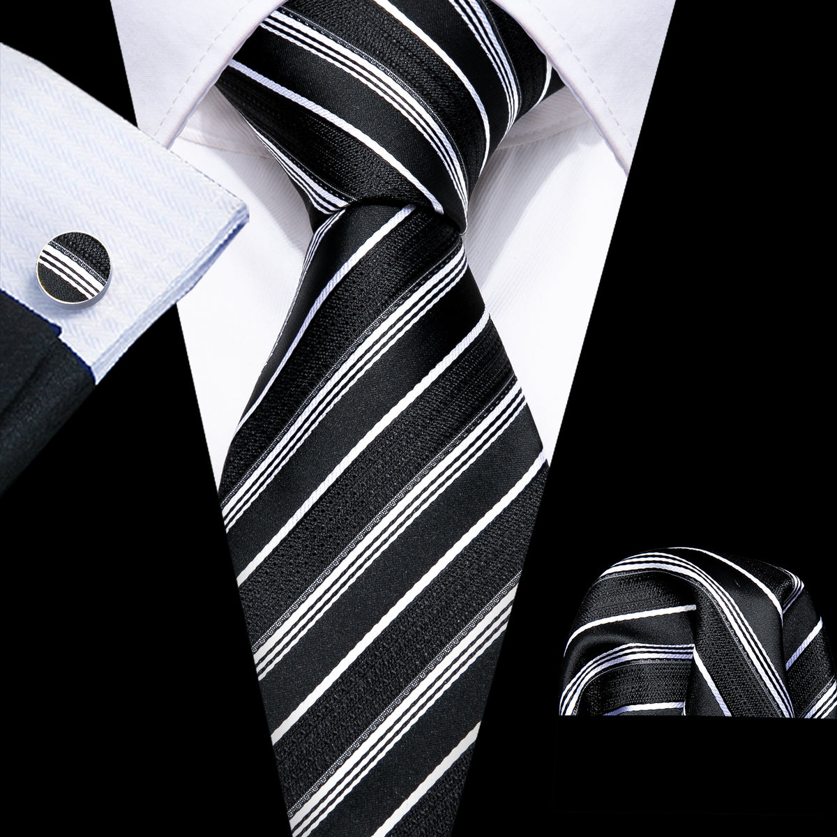 Black White Striped Paisley Tie, Pocket Square and Cufflinks Set tie sets    - Sophisticated Gentlemen
