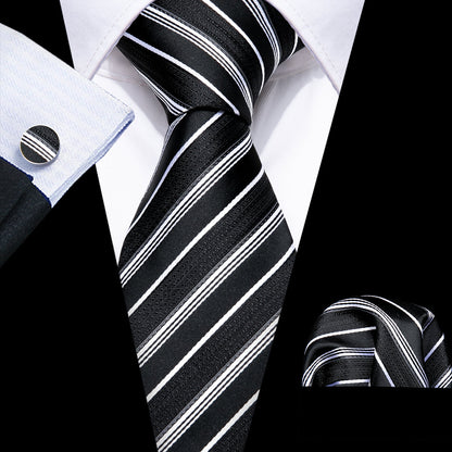 Black White Striped Paisley Tie, Pocket Square and Cufflinks Set tie sets    - Sophisticated Gentlemen