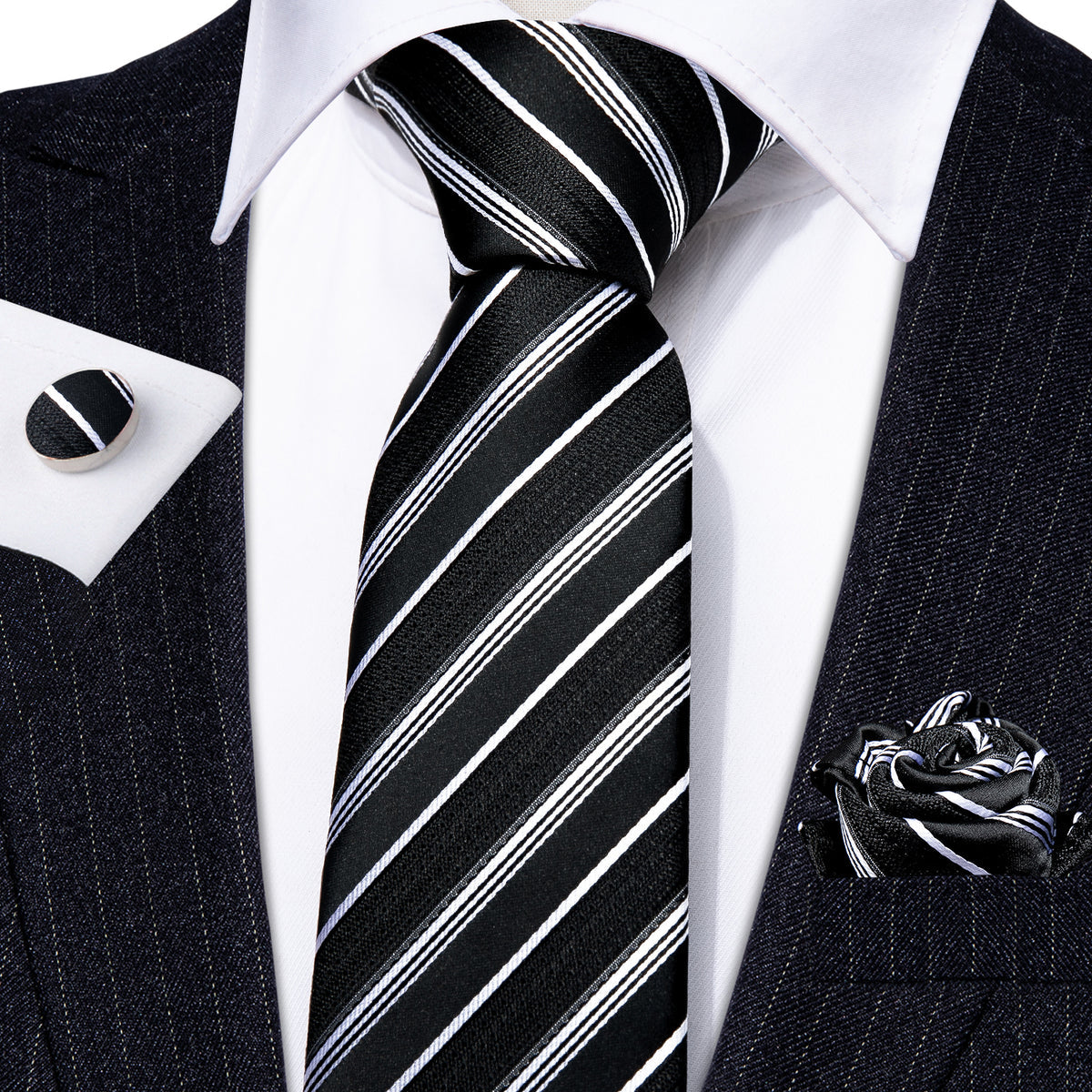 Black White Striped Paisley Tie, Pocket Square and Cufflinks Set tie sets    - Sophisticated Gentlemen