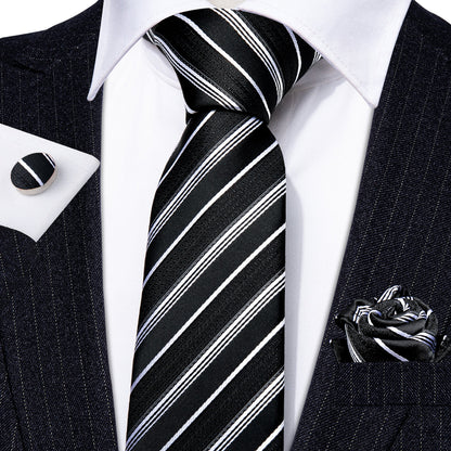 Black White Striped Paisley Tie, Pocket Square and Cufflinks Set tie sets    - Sophisticated Gentlemen