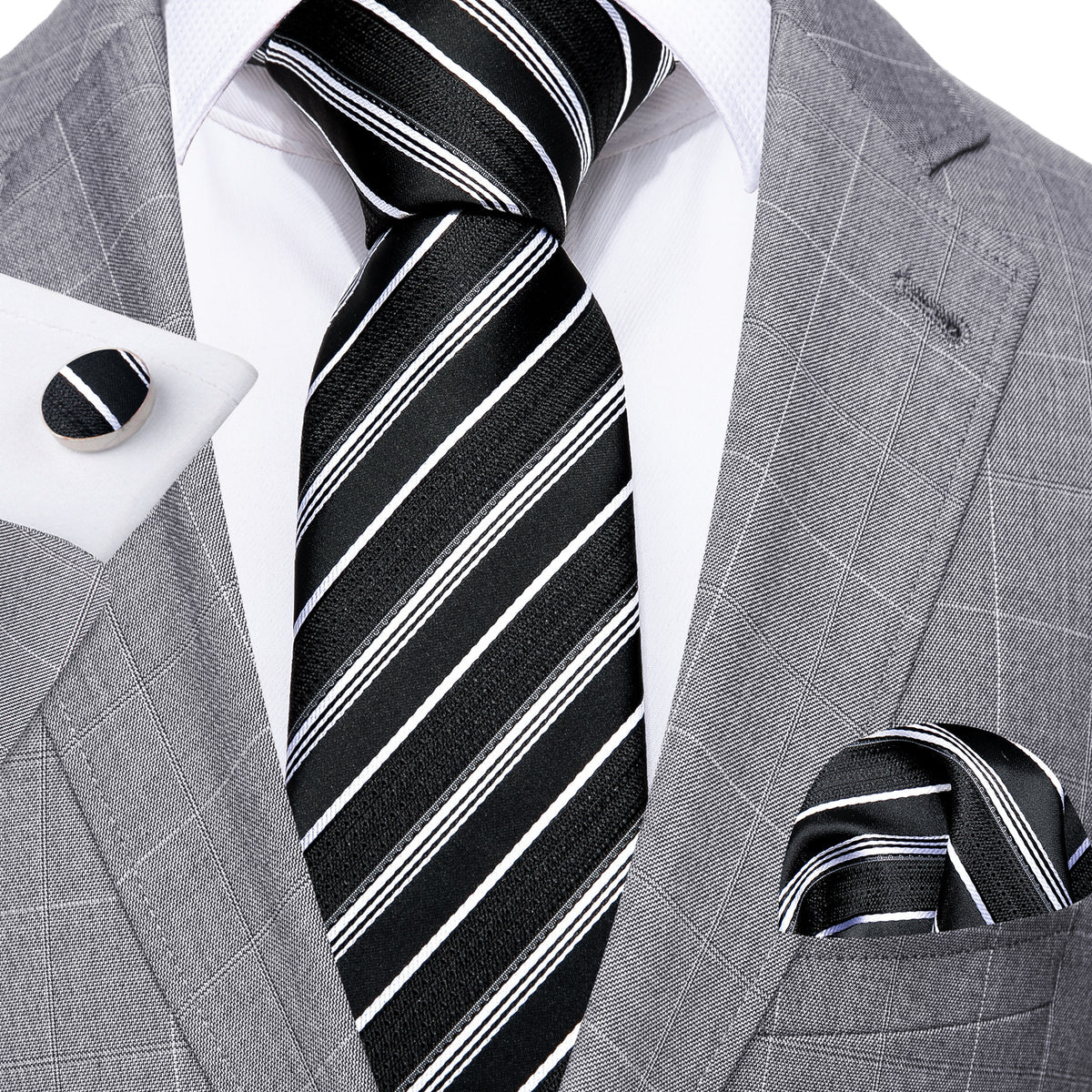 Black White Striped Paisley Tie, Pocket Square and Cufflinks Set tie sets    - Sophisticated Gentlemen