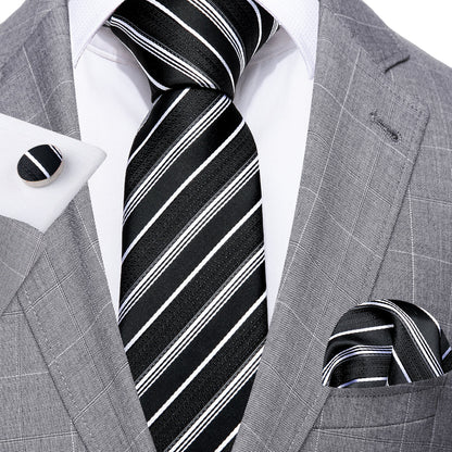 Black White Striped Paisley Tie, Pocket Square and Cufflinks Set tie sets    - Sophisticated Gentlemen
