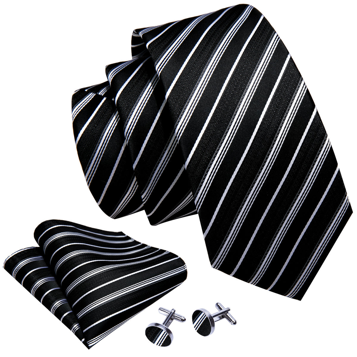 Black White Striped Paisley Tie, Pocket Square and Cufflinks Set tie sets    - Sophisticated Gentlemen
