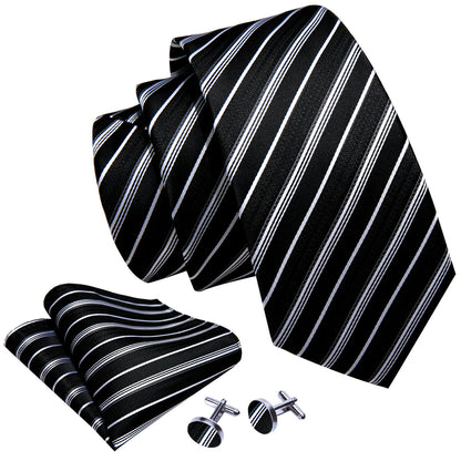 Black White Striped Paisley Tie, Pocket Square and Cufflinks Set tie sets    - Sophisticated Gentlemen