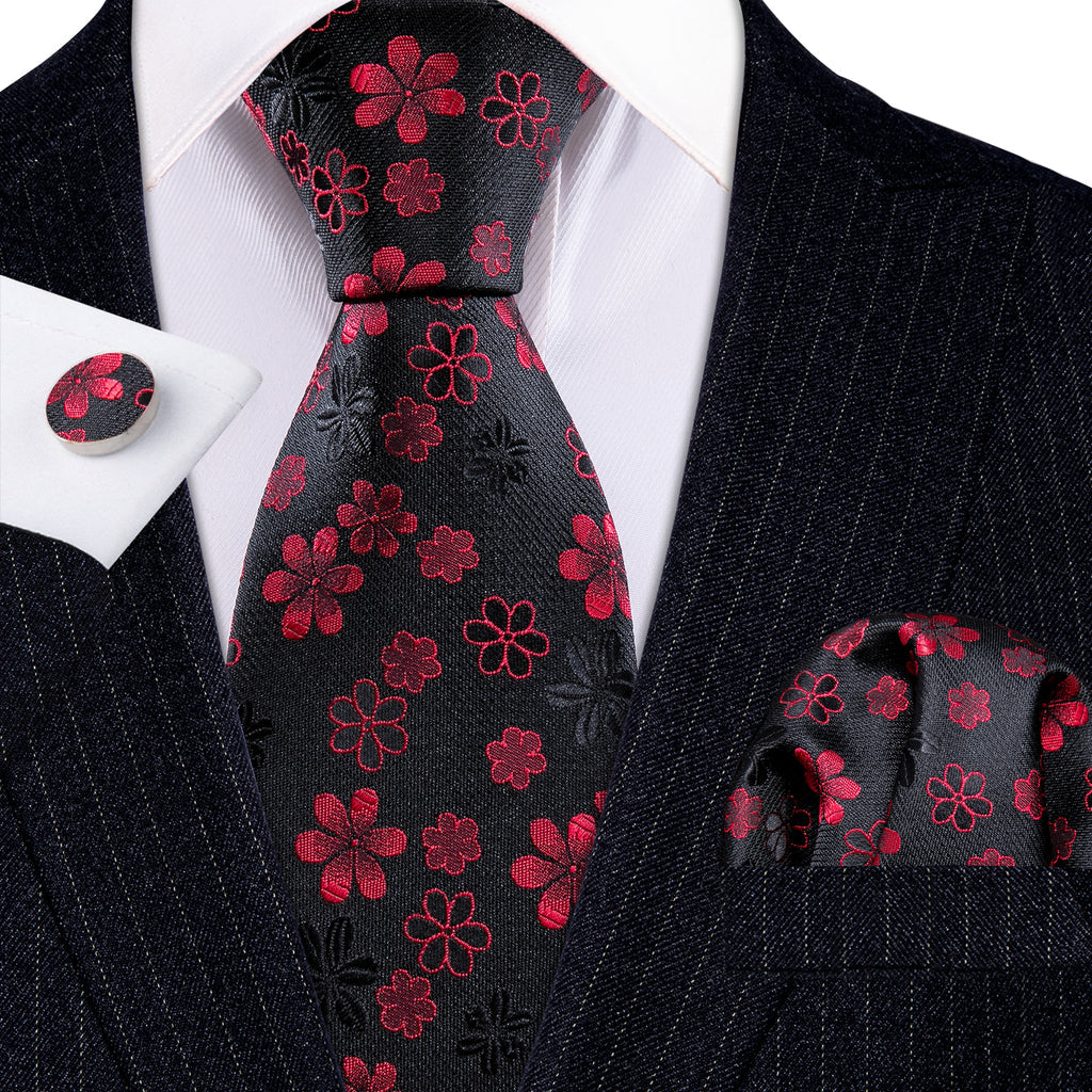 Black Red Flower Silk Tie, Pocket Square and Cufflinks Set tie sets    - Sophisticated Gentlemen