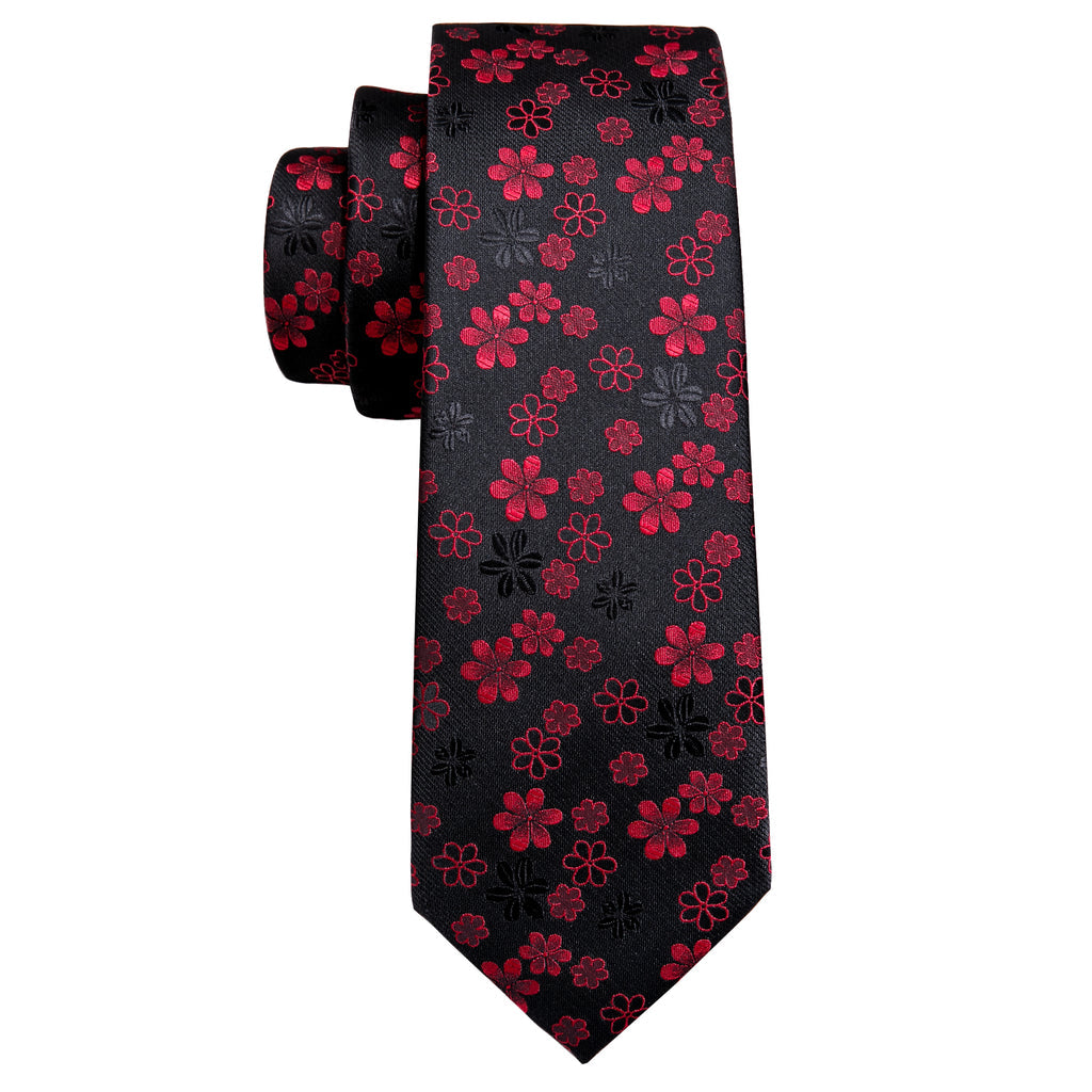 Black Red Flower Silk Tie, Pocket Square and Cufflinks Set tie sets    - Sophisticated Gentlemen