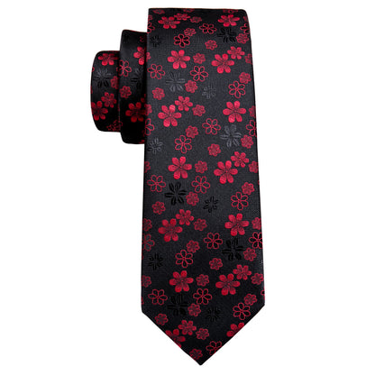 Black Red Flower Silk Tie, Pocket Square and Cufflinks Set tie sets    - Sophisticated Gentlemen