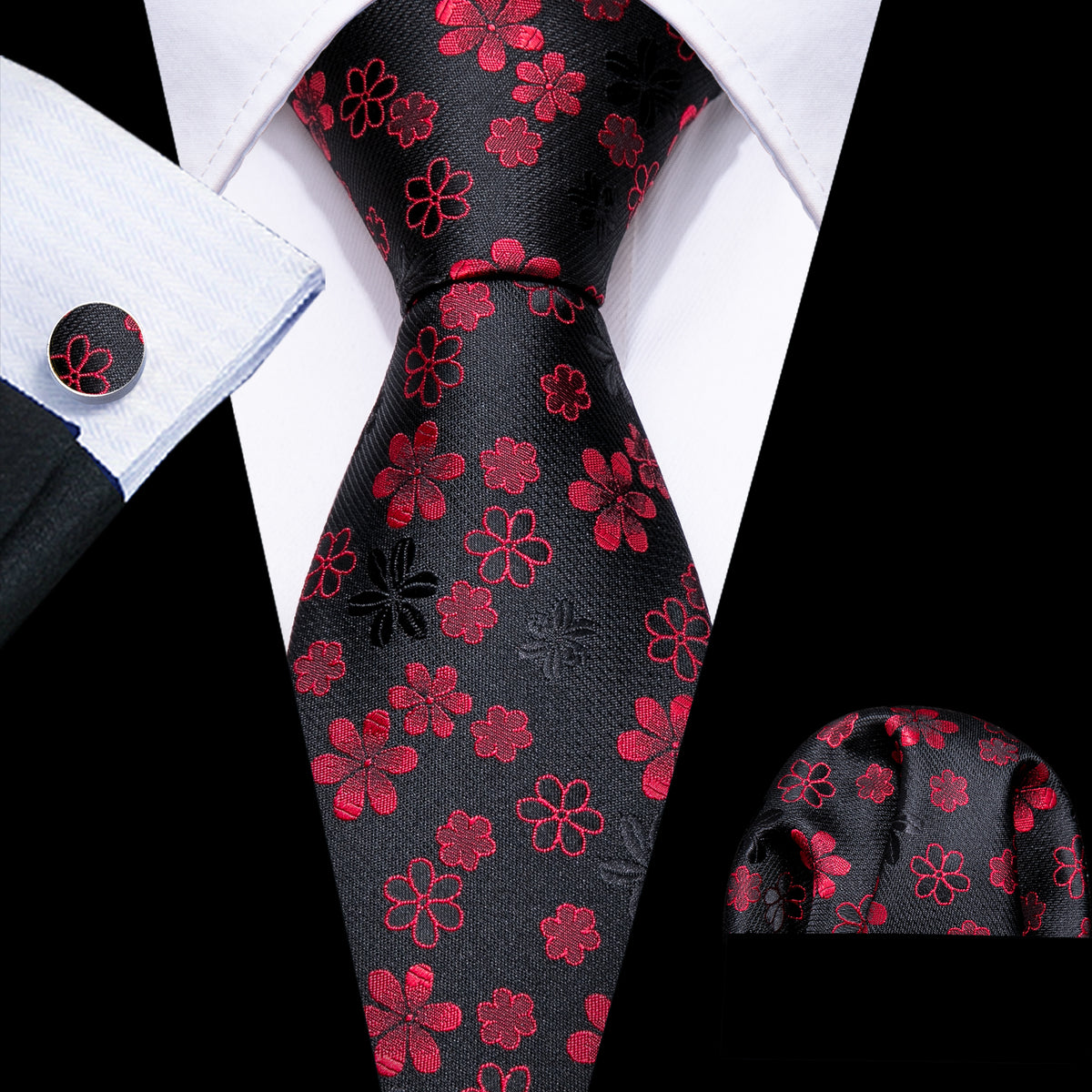 Black Red Flower Silk Tie, Pocket Square and Cufflinks Set tie sets    - Sophisticated Gentlemen