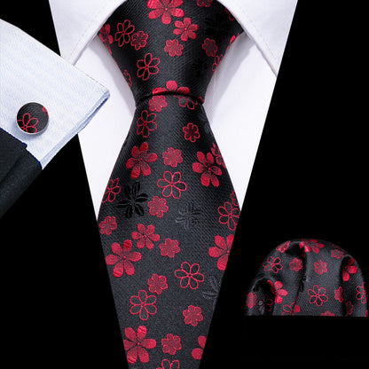Black Red Flower Silk Tie, Pocket Square and Cufflinks Set tie sets    - Sophisticated Gentlemen
