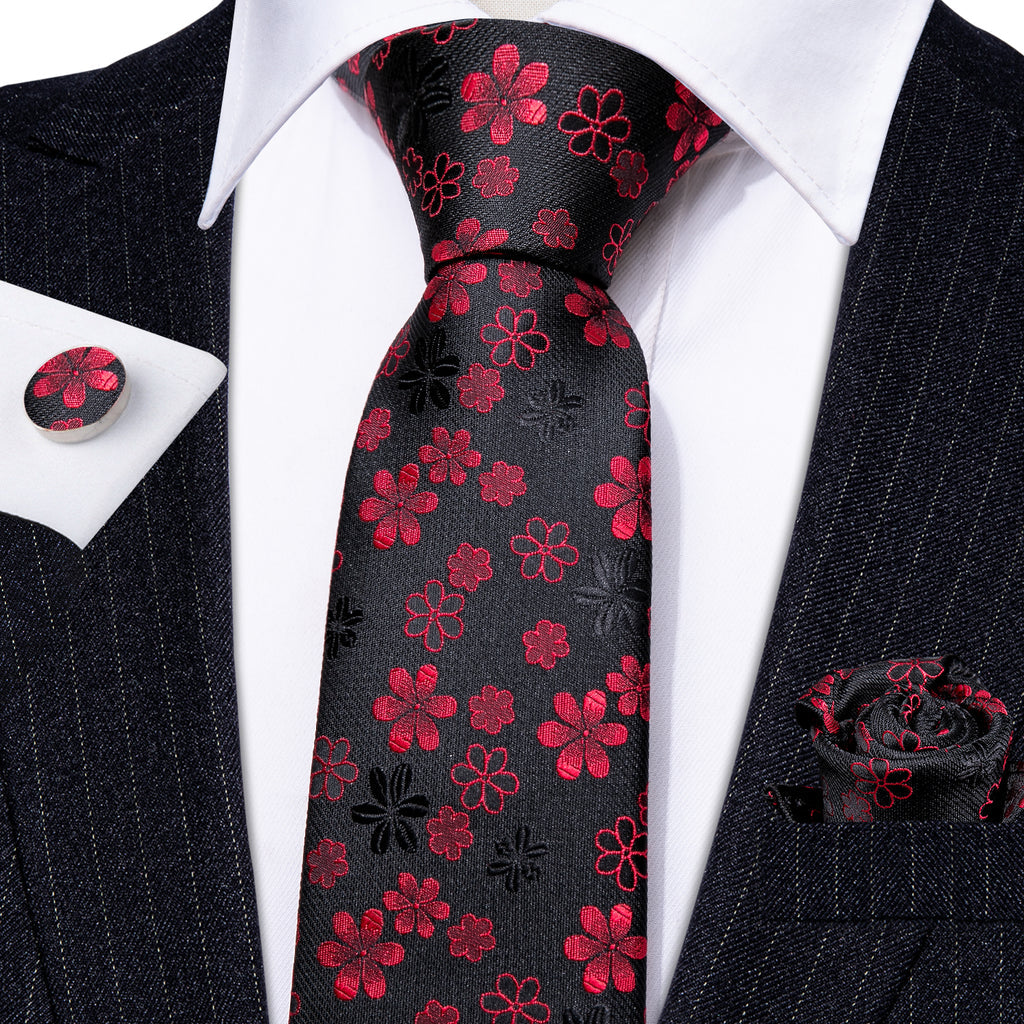 Black Red Flower Silk Tie, Pocket Square and Cufflinks Set tie sets    - Sophisticated Gentlemen