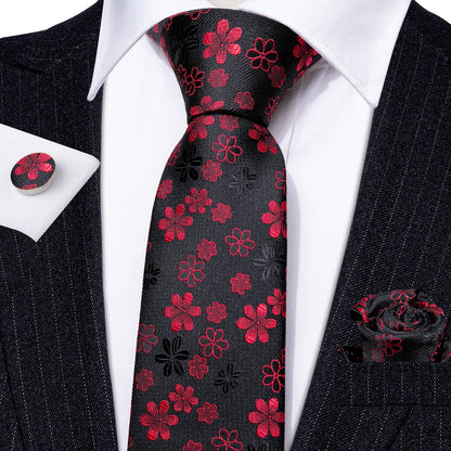 Black Red Flower Silk Tie, Pocket Square and Cufflinks Set tie sets    - Sophisticated Gentlemen