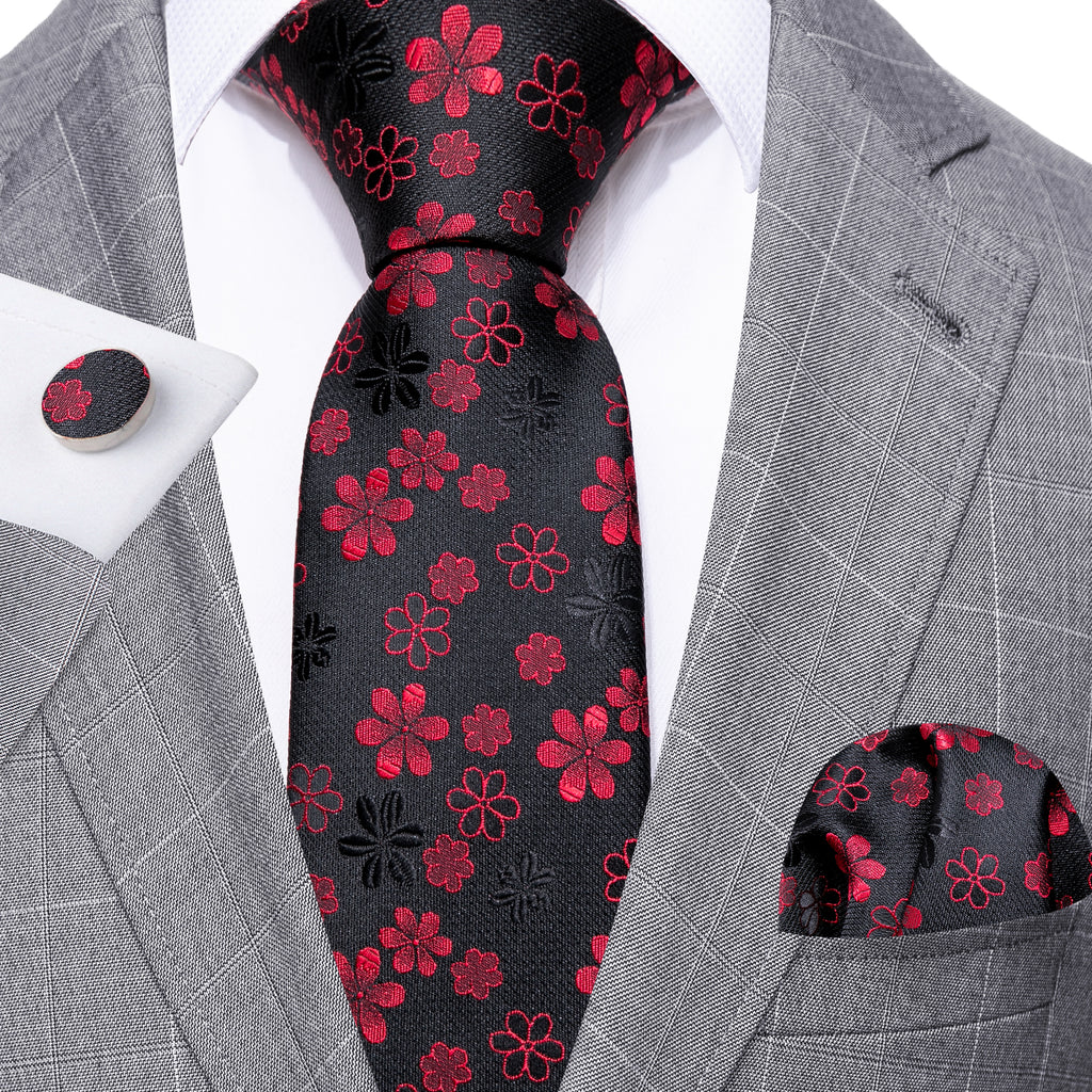 Black Red Flower Silk Tie, Pocket Square and Cufflinks Set tie sets    - Sophisticated Gentlemen