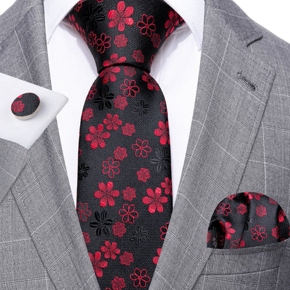 Black Red Flower Silk Tie, Pocket Square and Cufflinks Set tie sets    - Sophisticated Gentlemen