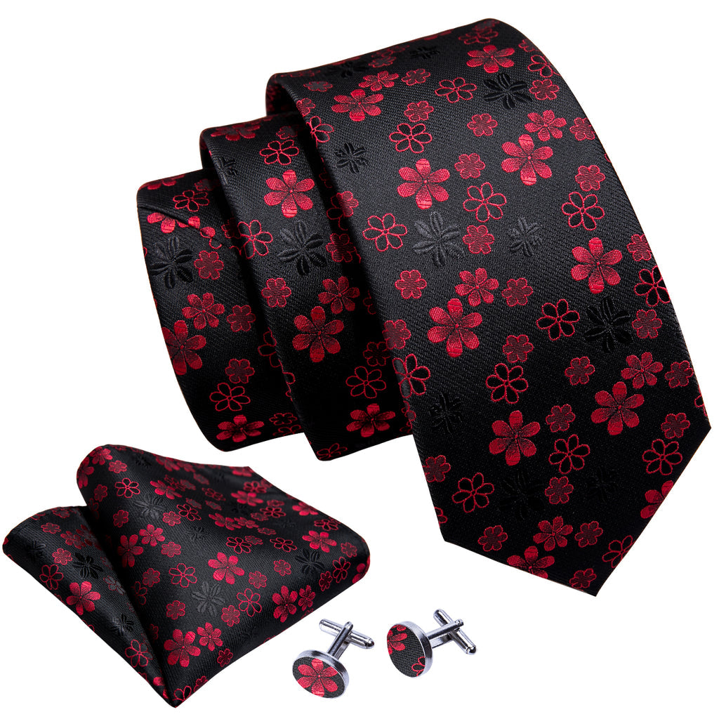 Black Red Flower Silk Tie, Pocket Square and Cufflinks Set tie sets    - Sophisticated Gentlemen