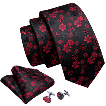 Black Red Flower Silk Tie, Pocket Square and Cufflinks Set tie sets    - Sophisticated Gentlemen