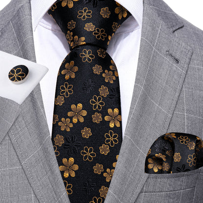 Black Gold Floral Silk Tie, Pocket Square and Cufflinks Set tie sets    - Sophisticated Gentlemen