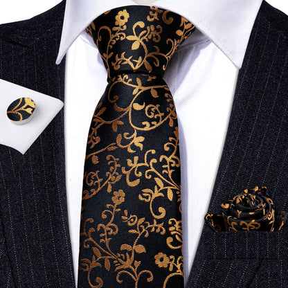 Black Gold Floral Silk Tie, Pocket Square and Cufflinks Set tie sets    - Sophisticated Gentlemen