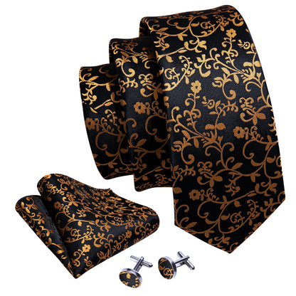 Black Gold Floral Silk Tie, Pocket Square and Cufflinks Set tie sets    - Sophisticated Gentlemen