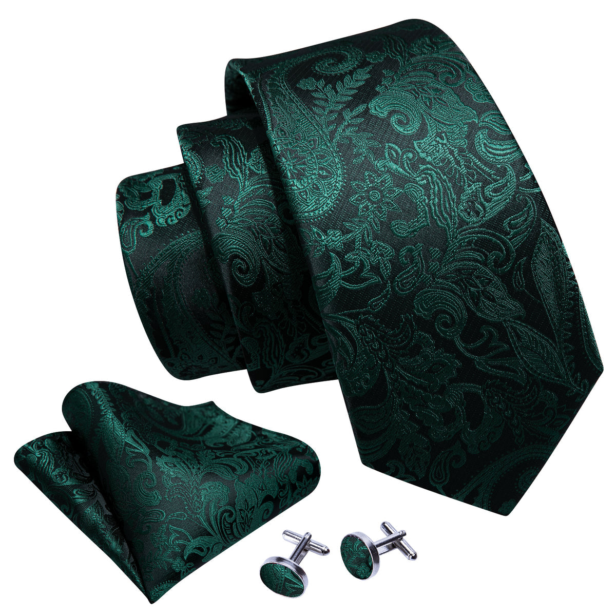 Elegant Dark Green Paisley Silk Tie Set with Pocket Square and Cufflinks tie sets - Sophisticated Gentlemen